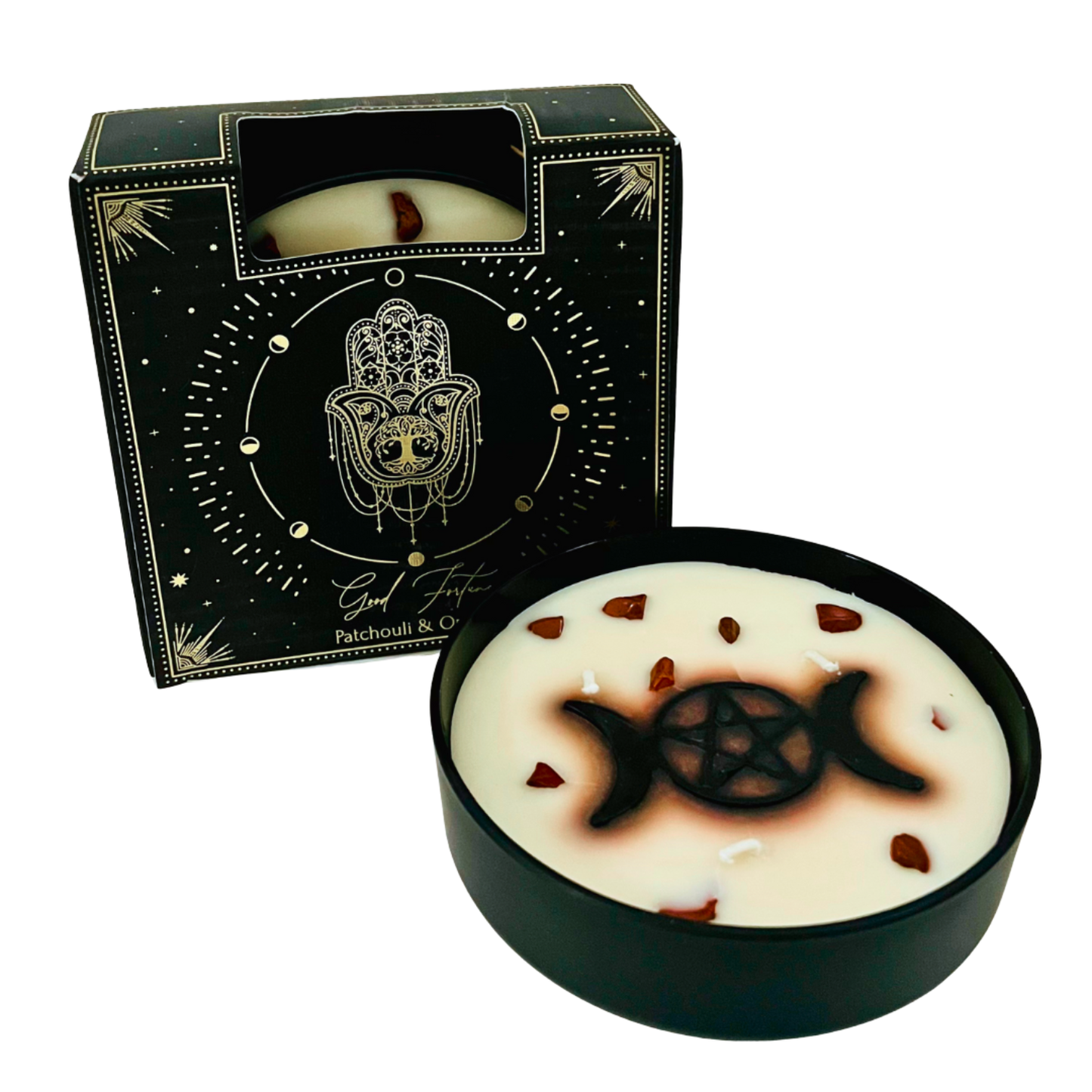 Esoteric Pentagram Candle GOOD FORTUNE Patchouli & Orange 200g Triple Moon Pentagram