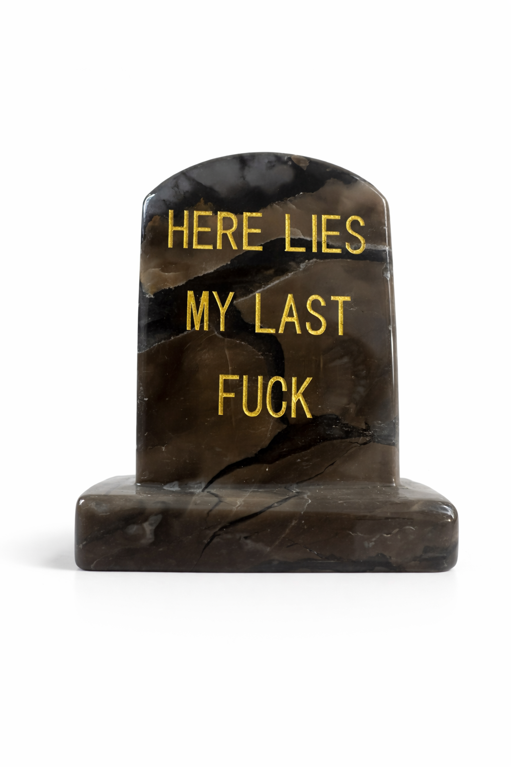 Brown Onyx Headstone Carving - 'Here Lies My Last Fuck'