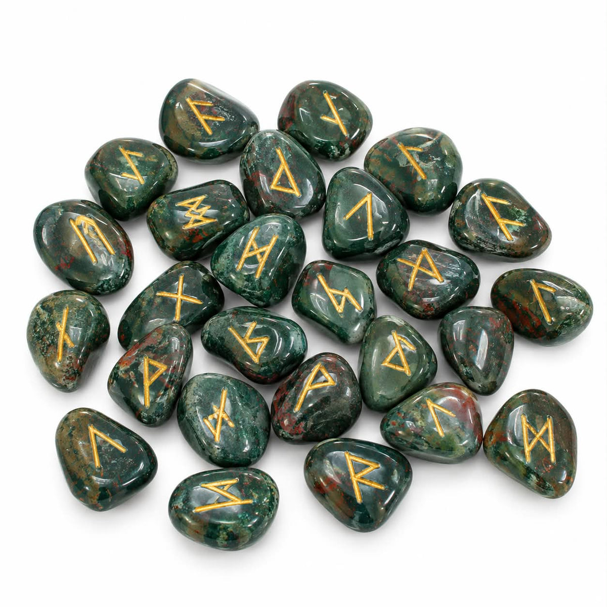 African Bloodstone Runes Set - Raw Selenite Wand & Black Velvet Bag