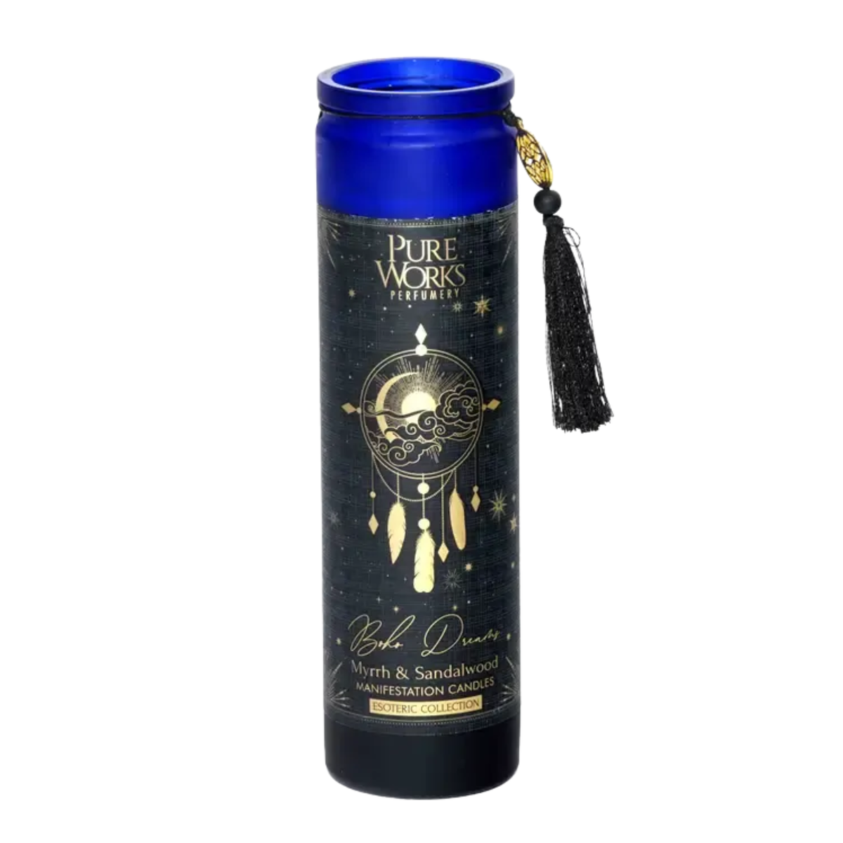 Esoteric Collection Scented Candle BOHO DREAMS Myrrh & Sandalwood 300g In tall glass jar with tassel