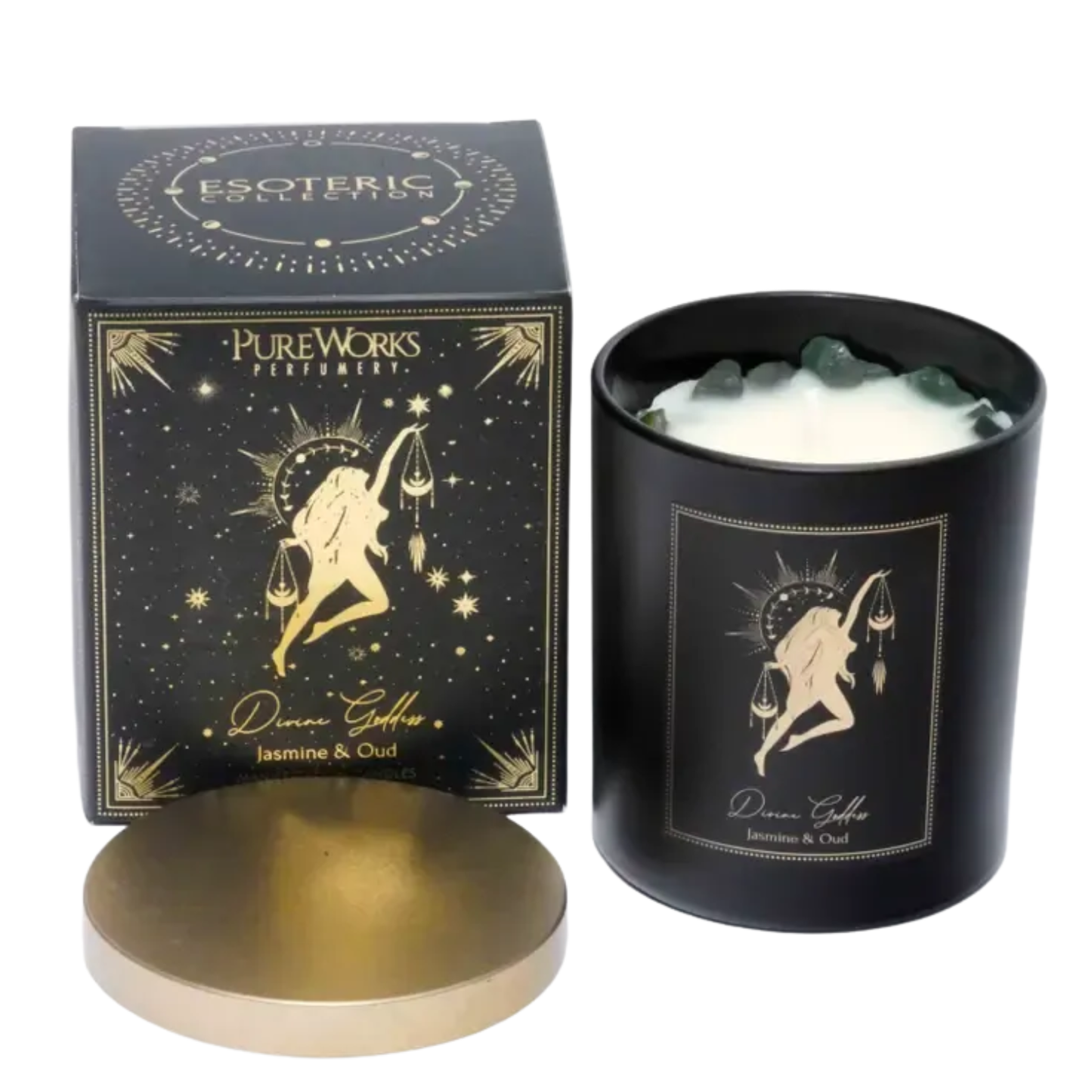 Esoteric Manifestation Candle DIVINE GODDESS Jasmine & Oud 200g with embedded crystals, and golden lid 1