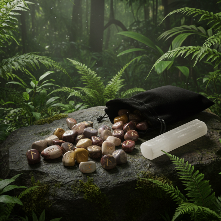 Mookaite Jasper rune kit in rainforest setting