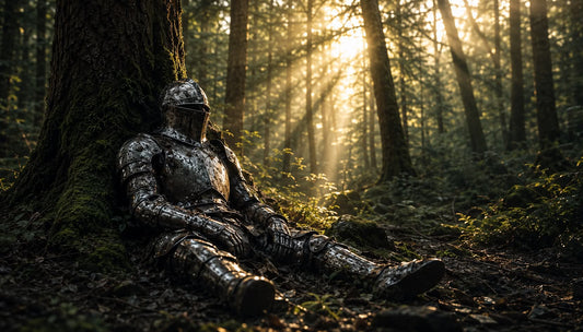 A knight in armour resting against a tree in a sunlit forest