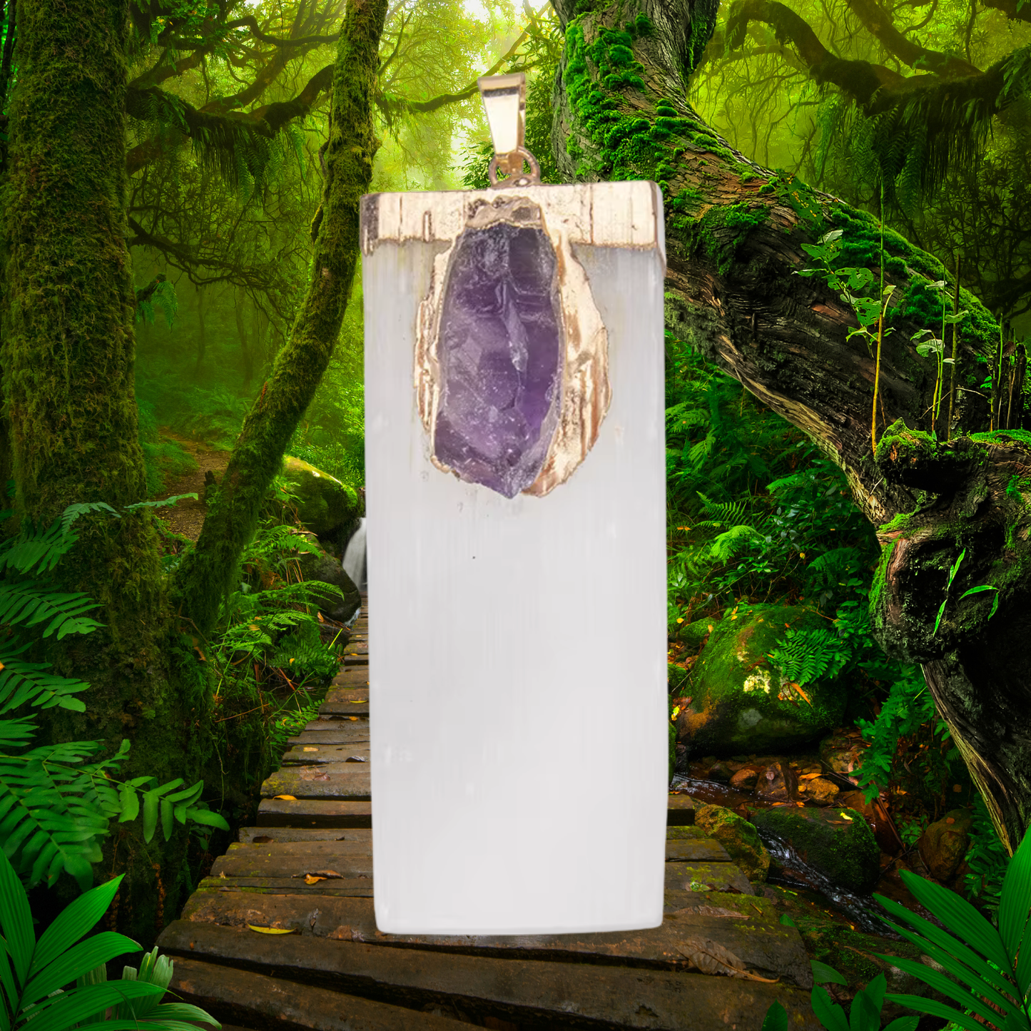 💜 Gypsum + Amethyst – Intuition & Calm Strip Pendant