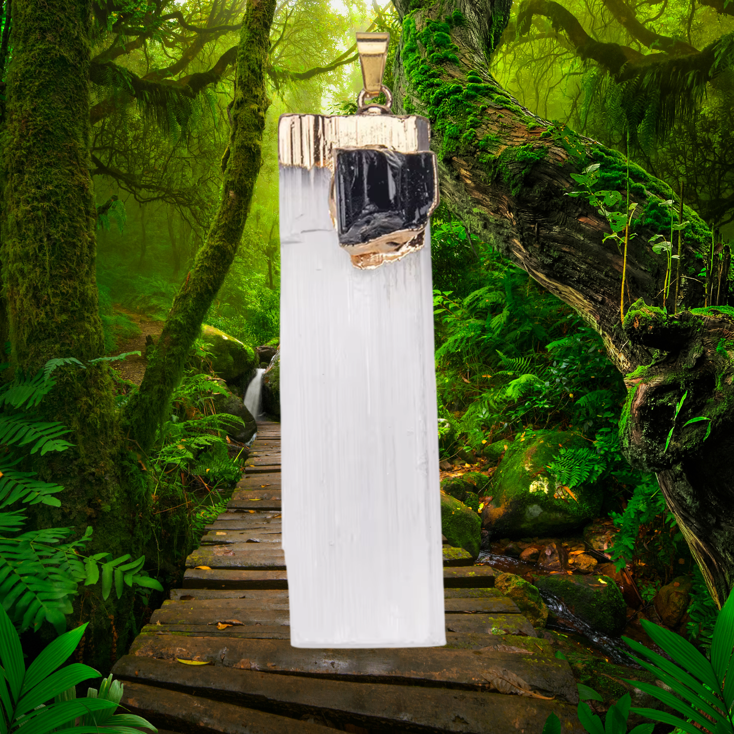 🖤 Gypsum + Black Tourmaline – Protection & Grounding Strip Pendant