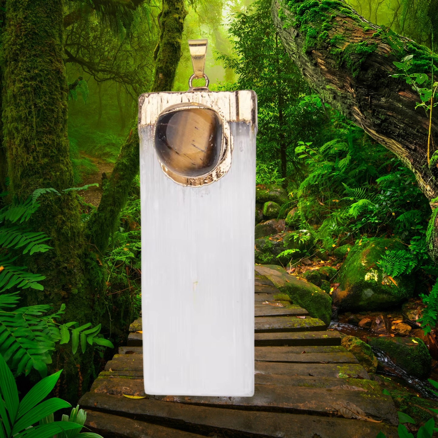 🐯 Gypsum + Tiger’s Eye – Strength & Clarity Strip Pendant