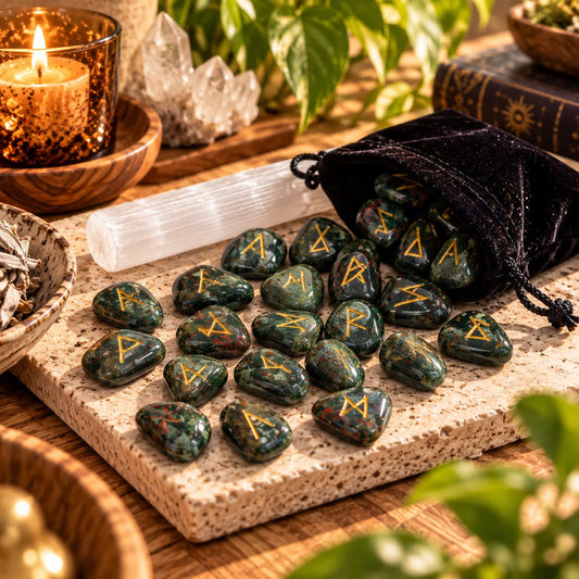 African Bloodstone Runes Set - Raw Selenite Wand & Black Velvet Bag