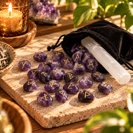 Amethyst Runes Set - Raw Selenite Wand & Black Velvet Bag