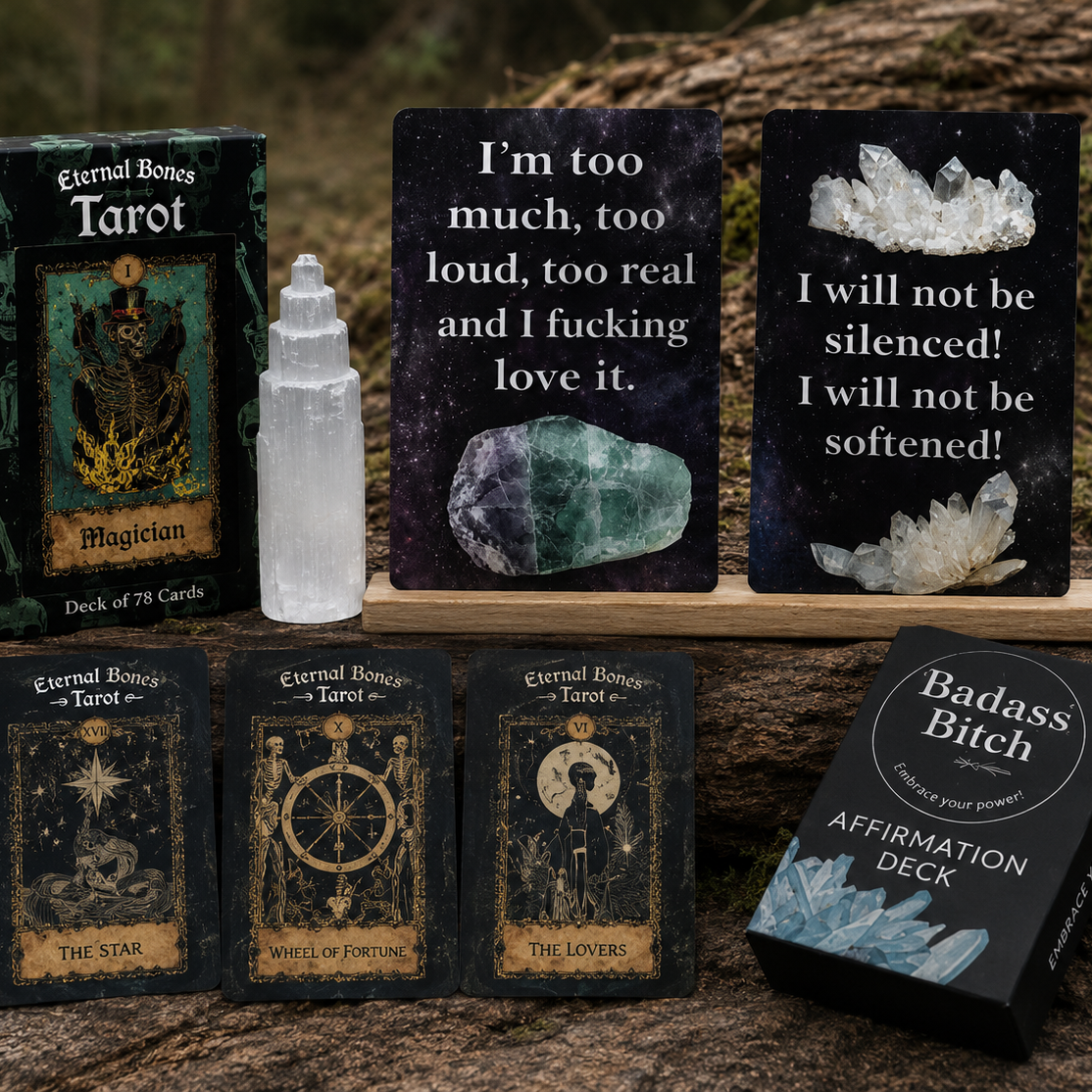 Badass Divination Power Set - Eternal Bones Tarot, Affirmation Deck, Card Holder & Selenite-Embrace Bohemia