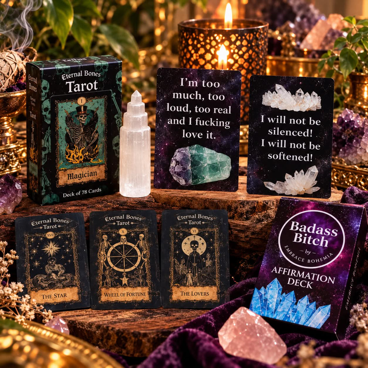 Badass Divination Power Set - Eternal Bones Tarot, Affirmation Deck, Card Holder & Selenite