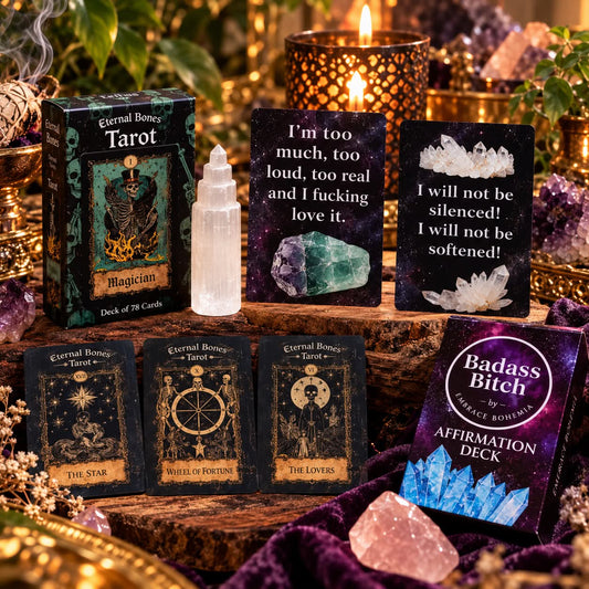 Badass Divination Power Set - Eternal Bones Tarot, Affirmation Deck, Card Holder & Selenite