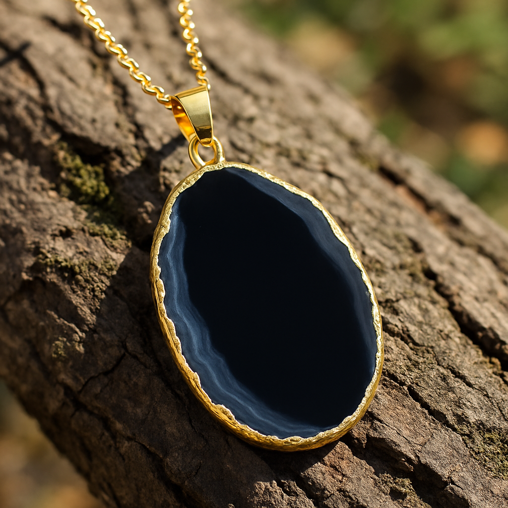 🖤 Black Agate – Shadow Shield Pendant (Dyed Agate, Gold Plated)