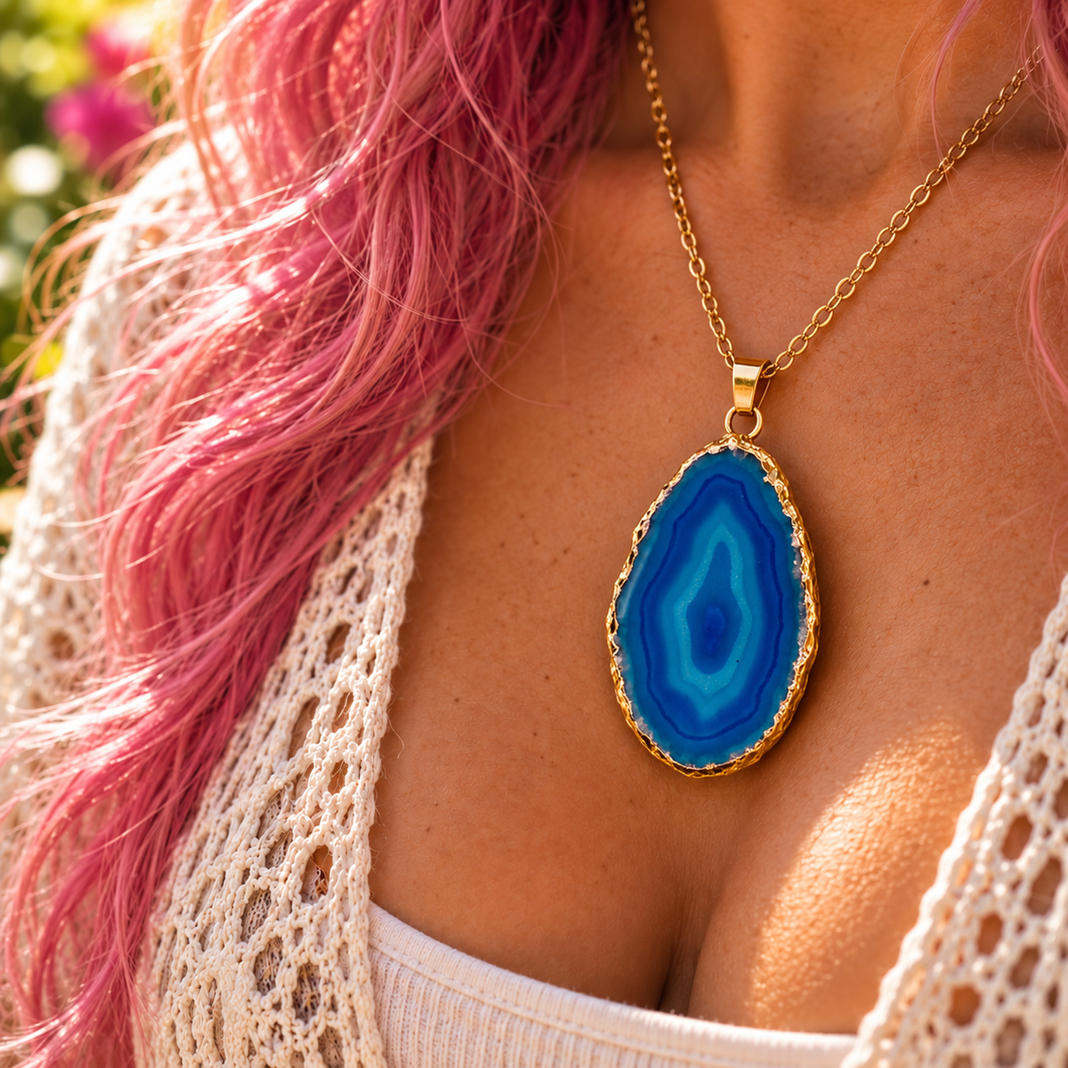Blue Agate – Tranquil Vision Pendant (Dyed Agate, Gold Plated)