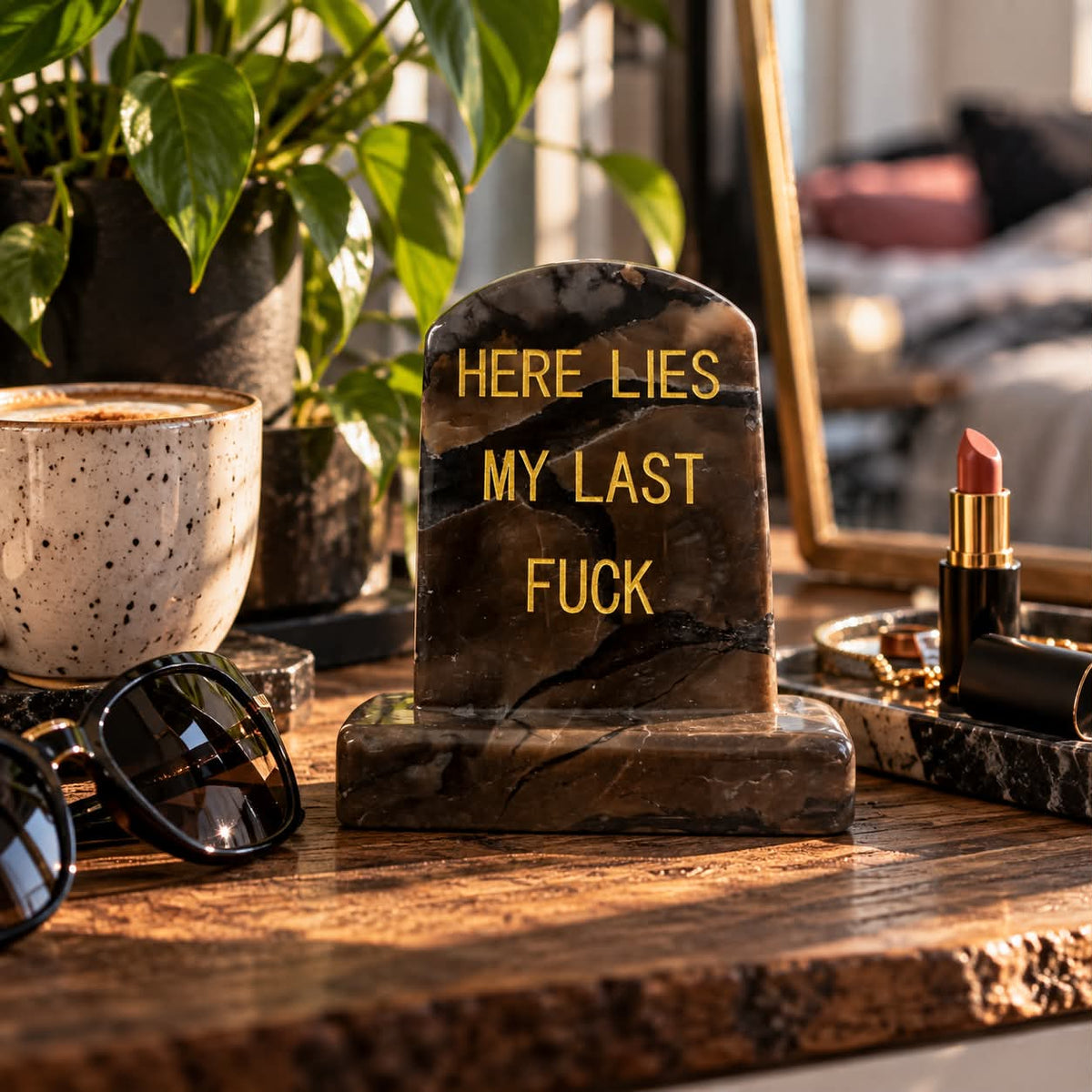 Brown Onyx Headstone Carving - Here Lies My Last Fuck