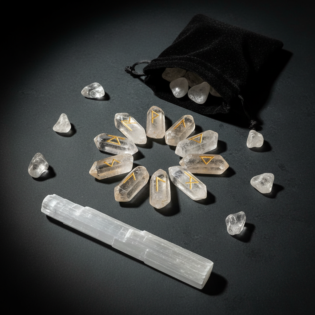 Clear Quartz Runes Set - Black Velvet Bag, Raw Selenite Wand & Mini Rune Book-Embrace Bohemia 1