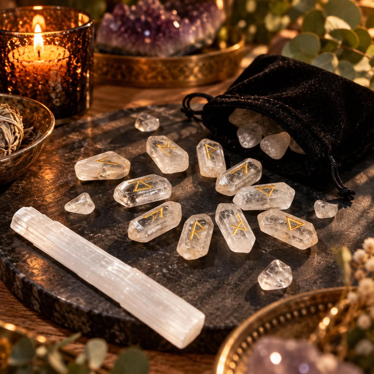 Clear Quartz Runes Set - Black Velvet Bag, Raw Selenite Wand & Mini Rune Book