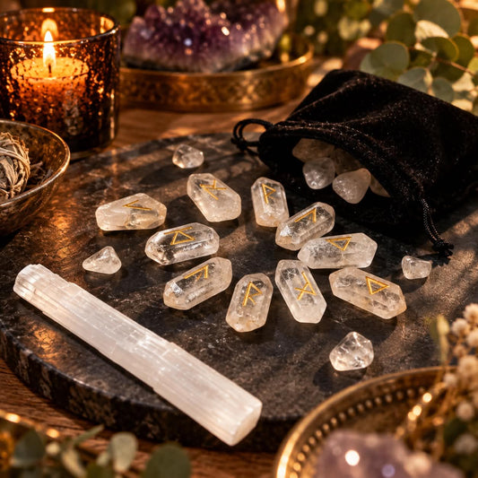 Clear Quartz Runes Set - Black Velvet Bag, Raw Selenite Wand & Mini Rune Book