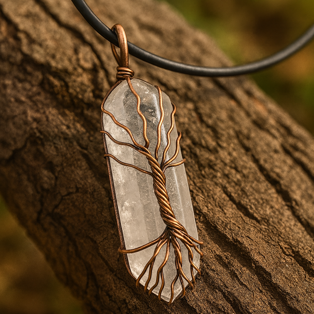 Crystal pendant with tree design on a wooden surface