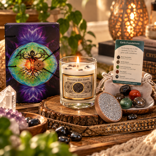 Complete Grounding Practice Set - Sacred Roots Journal, Hematite Candle & Earth Crystals