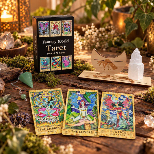 Divination Starter Pack - Fantasy World Tarot, Pendulum, Selenite Tower & Card Holder