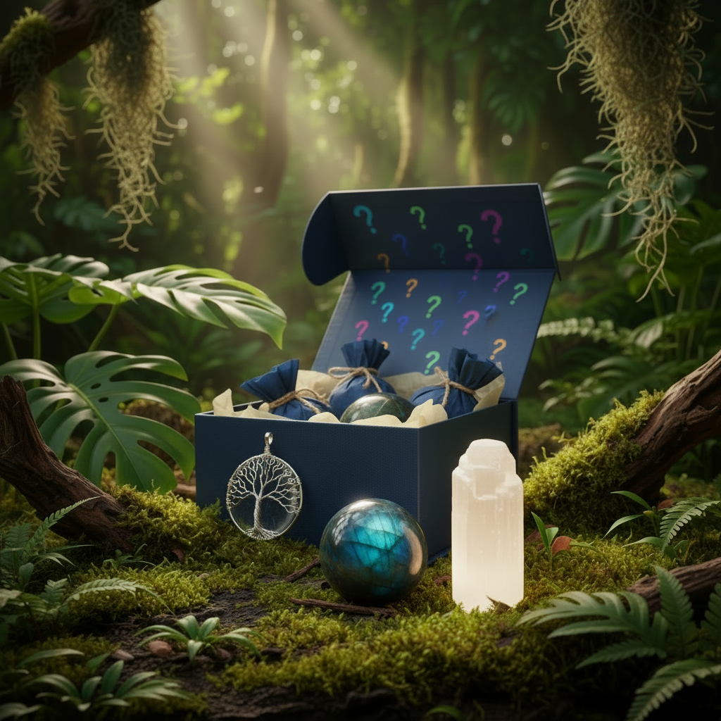 Blue mystery box with selenite tower light and clear quartz tree of life pendant