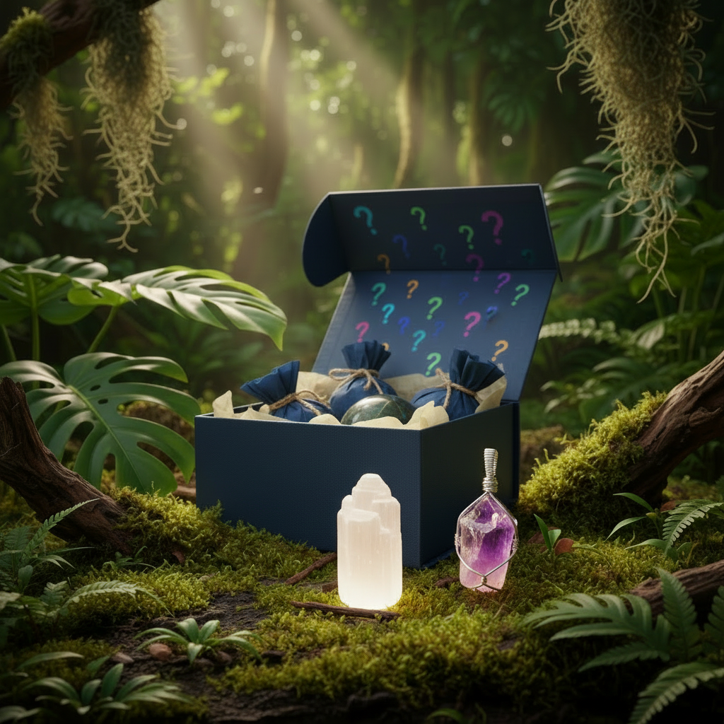 Blue mystery box with selenite tower light and amethyst pendant