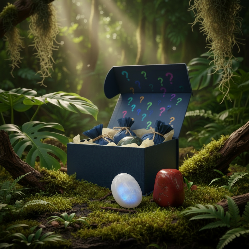 Blue mystery box with moonstone palm stone and red jasper