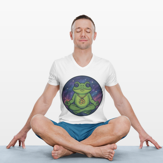 Man sitting in a meditative pose wearing a white t-shirt with a green frog design on a white background