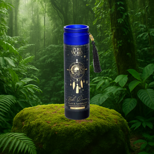 Esoteric Collection Scented Candle BOHO DREAMS Myrrh & Sandalwood 300g In tall glass jar with tassel