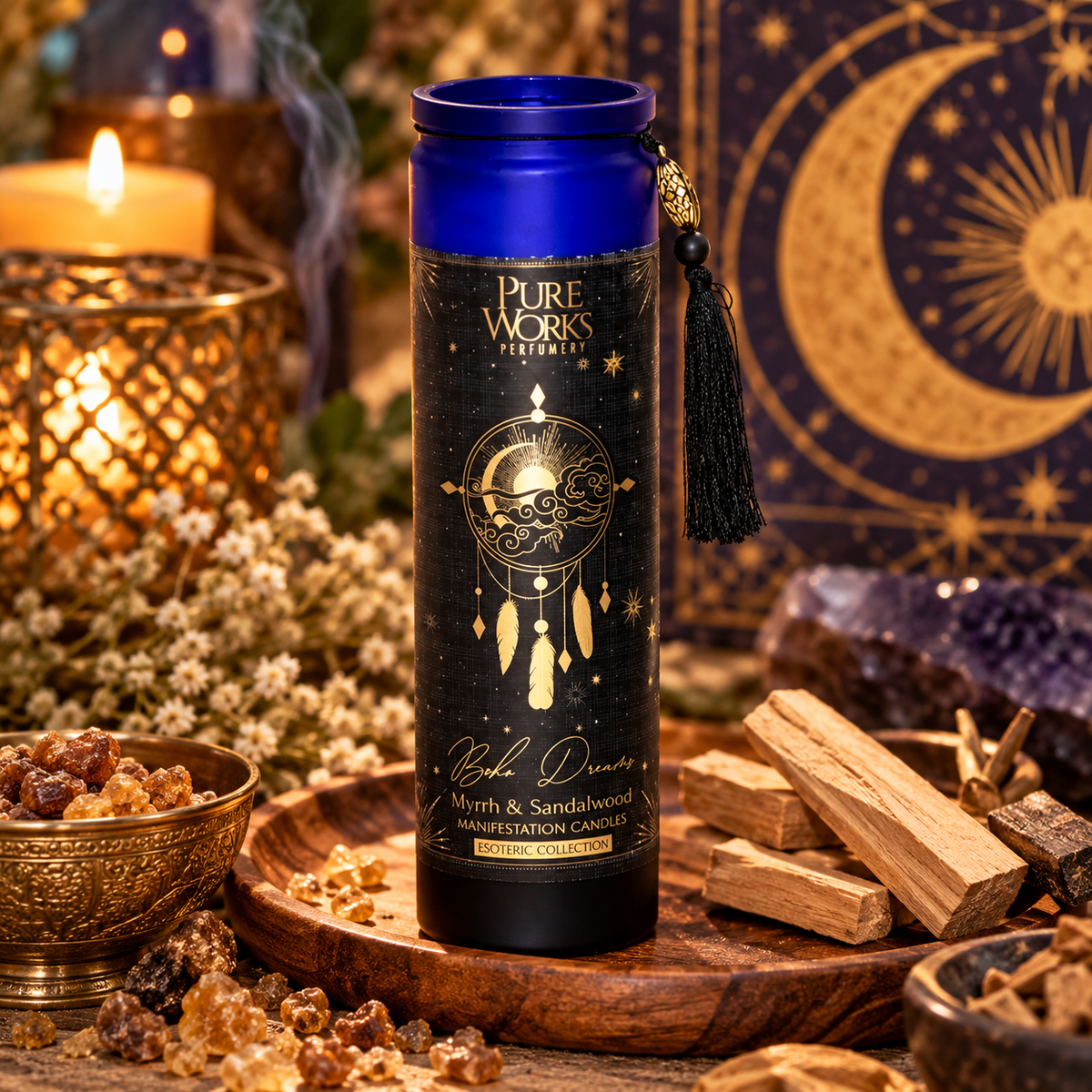 Esoteric Collection Scented Candle BOHO DREAMS Myrrh & Sandalwood 300g In tall glass jar with tassel
