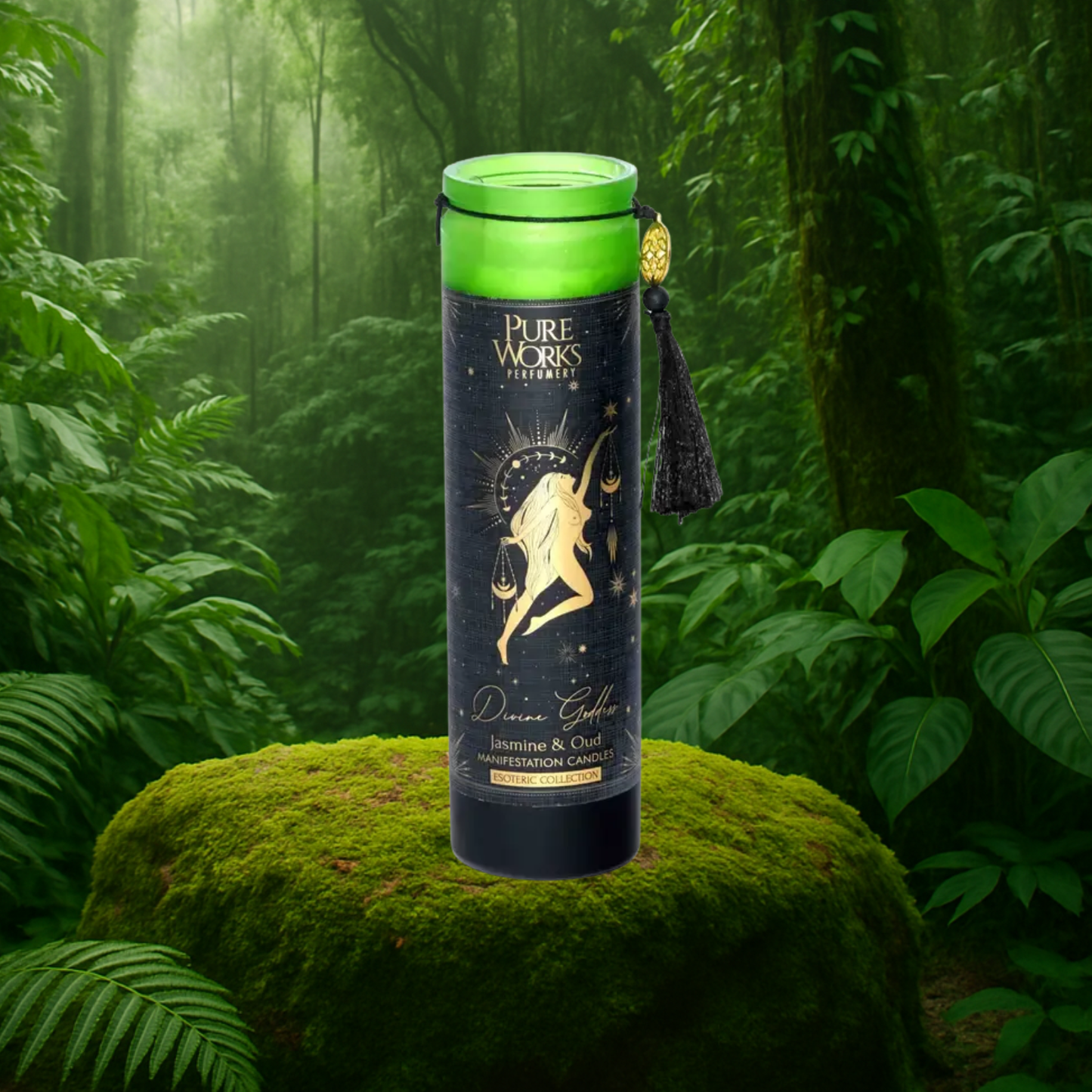 Esoteric Collection Scented Candle DIVINE GODDESS Jasmine & Oud 300g In tall glass jar with tassel