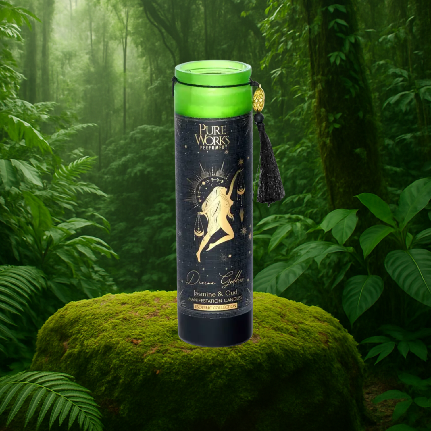 Esoteric Collection Scented Candle DIVINE GODDESS Jasmine & Oud 300g In tall glass jar with tassel