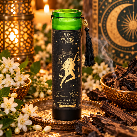 Esoteric Collection Scented Candle DIVINE GODDESS Jasmine & Oud 300g In tall glass jar with tassel