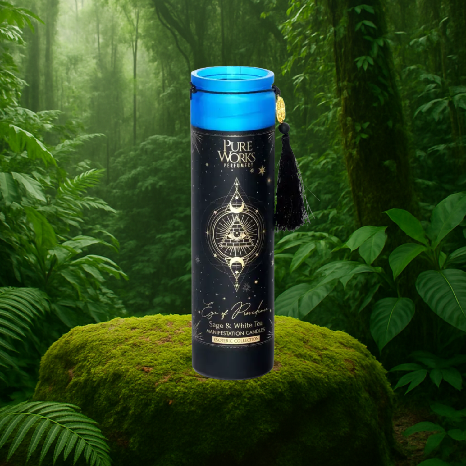 Esoteric Collection Scented Candle EYE OF PROVIDENCE Sage & White Tea 300g In tall glass jar with tassel
