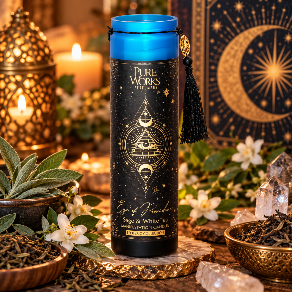 Esoteric Collection Scented Candle EYE OF PROVIDENCE Sage & White Tea 300g In tall glass jar with tassel