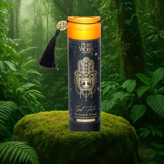 Esoteric Collection Scented Candle GOOD FORTUNE Patchouli & Orange 300g In tall glass jar with tassel