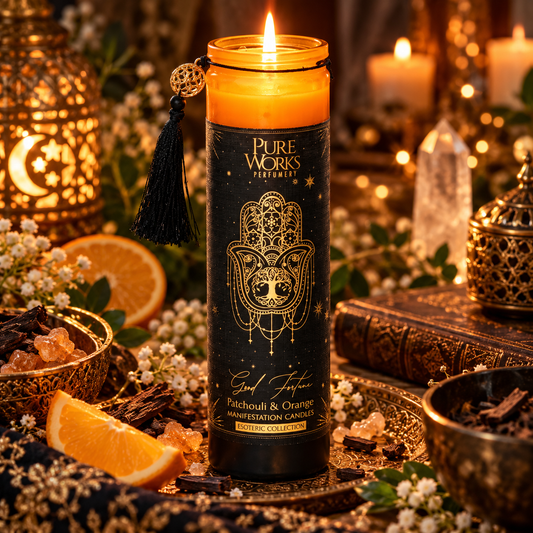 Esoteric Collection Scented Candle GOOD FORTUNE Patchouli & Orange 300g In tall glass jar with tassel