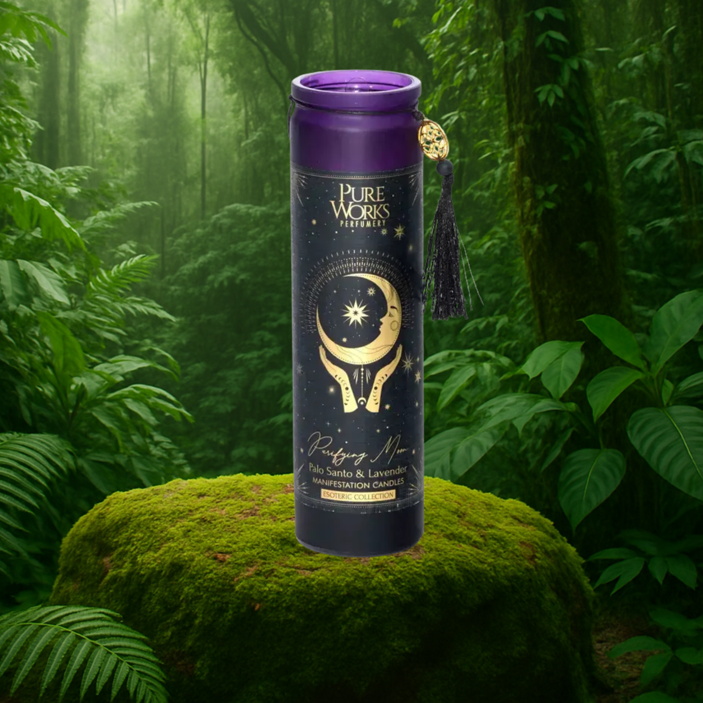 Esoteric Collection Scented Candle PURIFYING MOON Palo Santo & Lavender 300g In tall glass jar with tassel