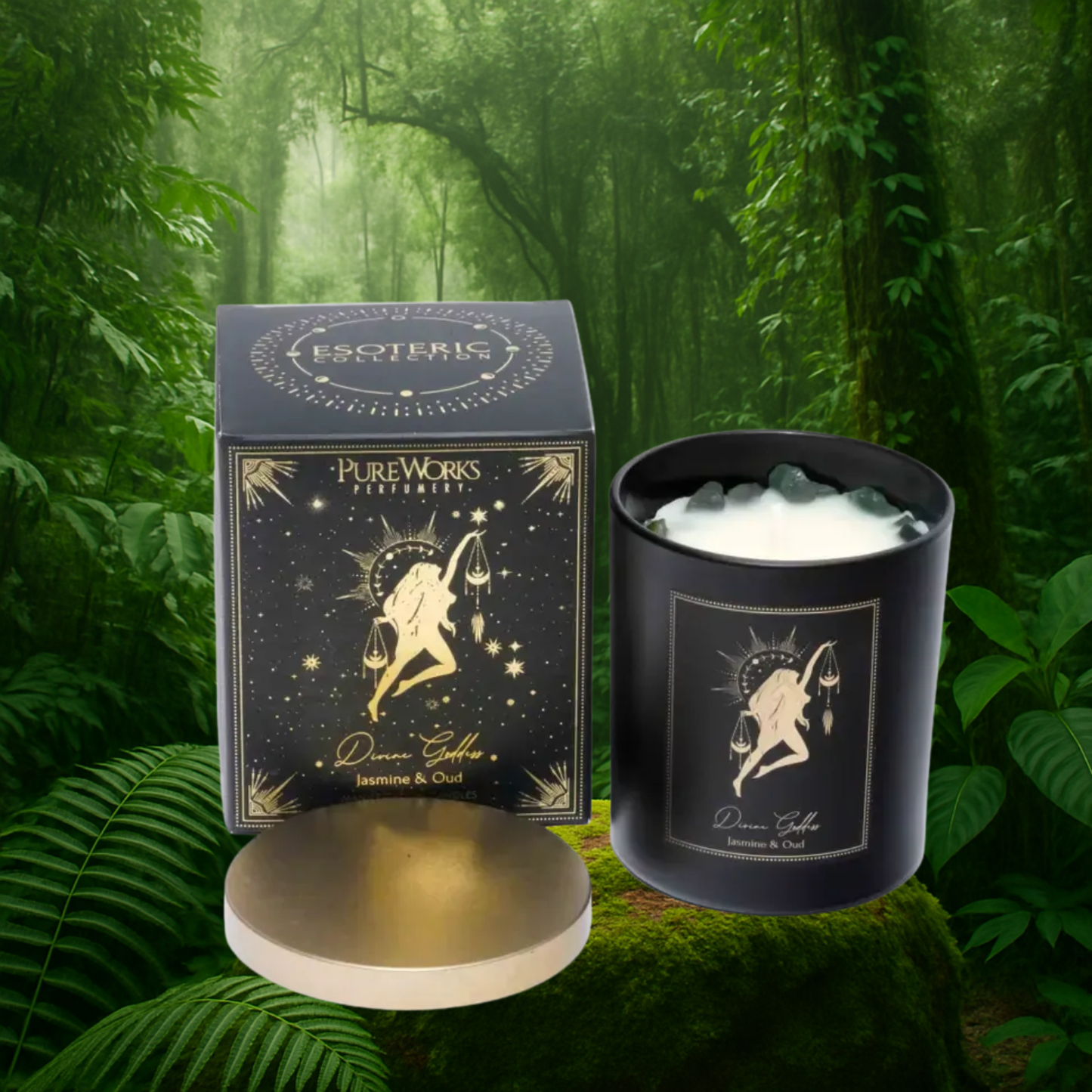 Esoteric Manifestation Candle DIVINE GODDESS Jasmine & Oud 200g with embedded crystals, and golden lid