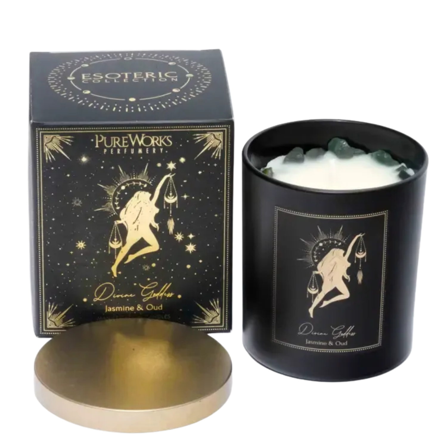 Esoteric Manifestation Candle DIVINE GODDESS Jasmine & Oud 200g with embedded crystals, and golden lid 1