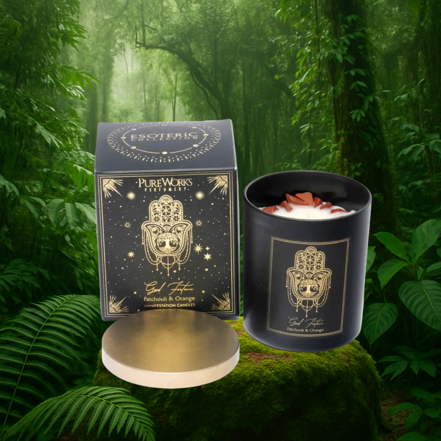 Esoteric Manifestation Candle GOOD FORTUNE Patchouli & Orange 200g with embedded crystals, and golden lid
