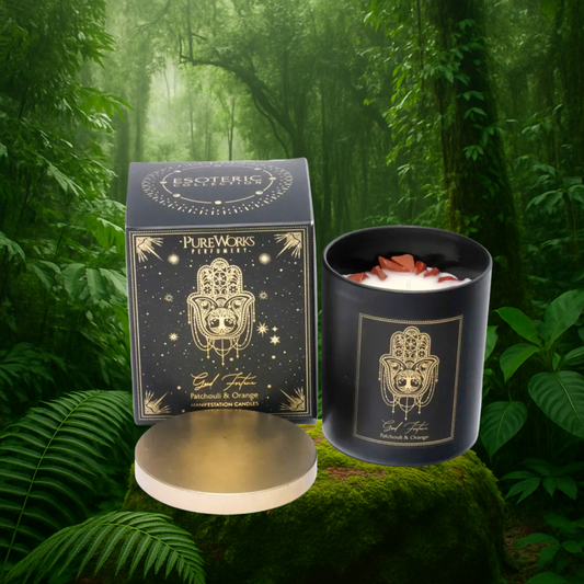 Esoteric Manifestation Candle GOOD FORTUNE Patchouli & Orange 200g with embedded crystals, and golden lid