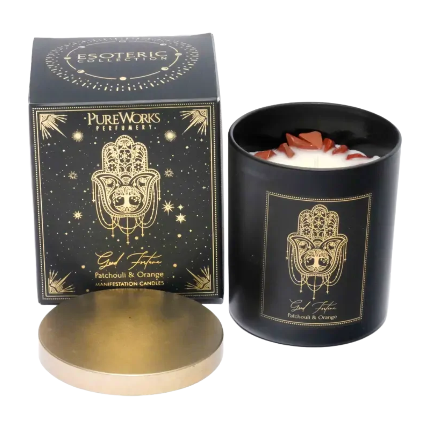 Esoteric Manifestation Candle GOOD FORTUNE Patchouli & Orange 200g with embedded crystals, and golden lid 1