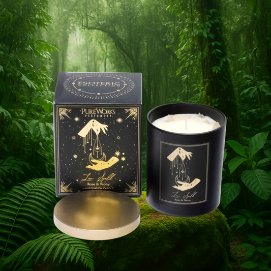 Esoteric Manifestation Candle LOVE SPELL Rose & Peony 200g with embedded crystals, and golden lid