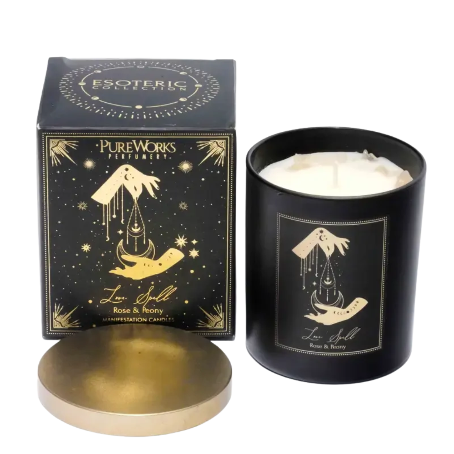 Esoteric Manifestation Candle LOVE SPELL Rose & Peony 200g with embedded crystals, and golden lid 1