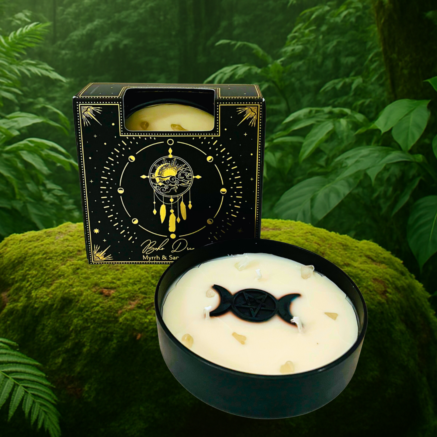 Esoteric Pentagram Candle BOHO DREAMS Myrrh & Sandalwood 200g Triple Moon Pentagram