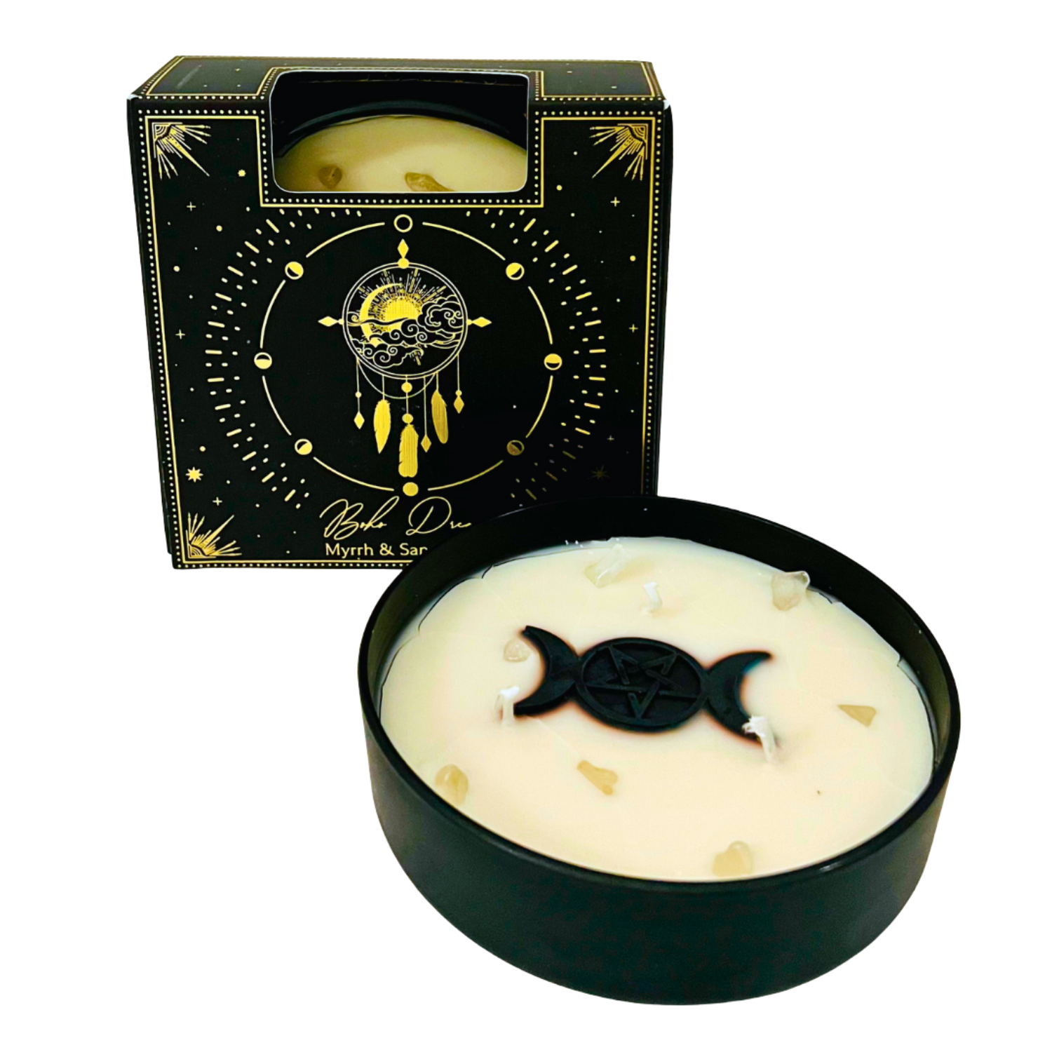 Esoteric Pentagram Candle BOHO DREAMS Myrrh & Sandalwood 200g Triple Moon Pentagram1