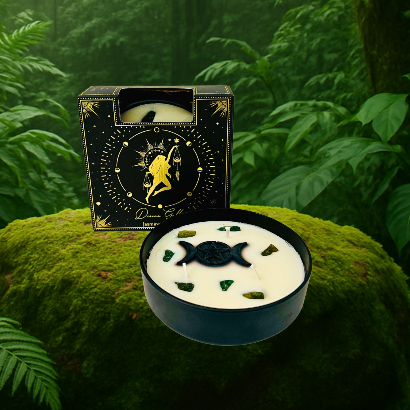 Esoteric Pentagram Candle DIVINE GODDESS Jasmine & Oud 200g Triple Moon Pentagram