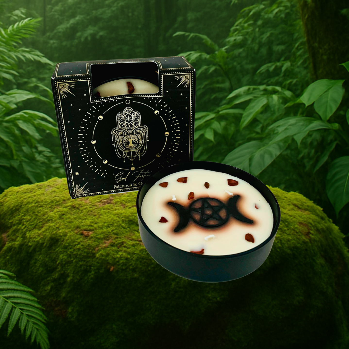 Esoteric Pentagram Candle GOOD FORTUNE Patchouli & Orange 200g Triple Moon Pentagram