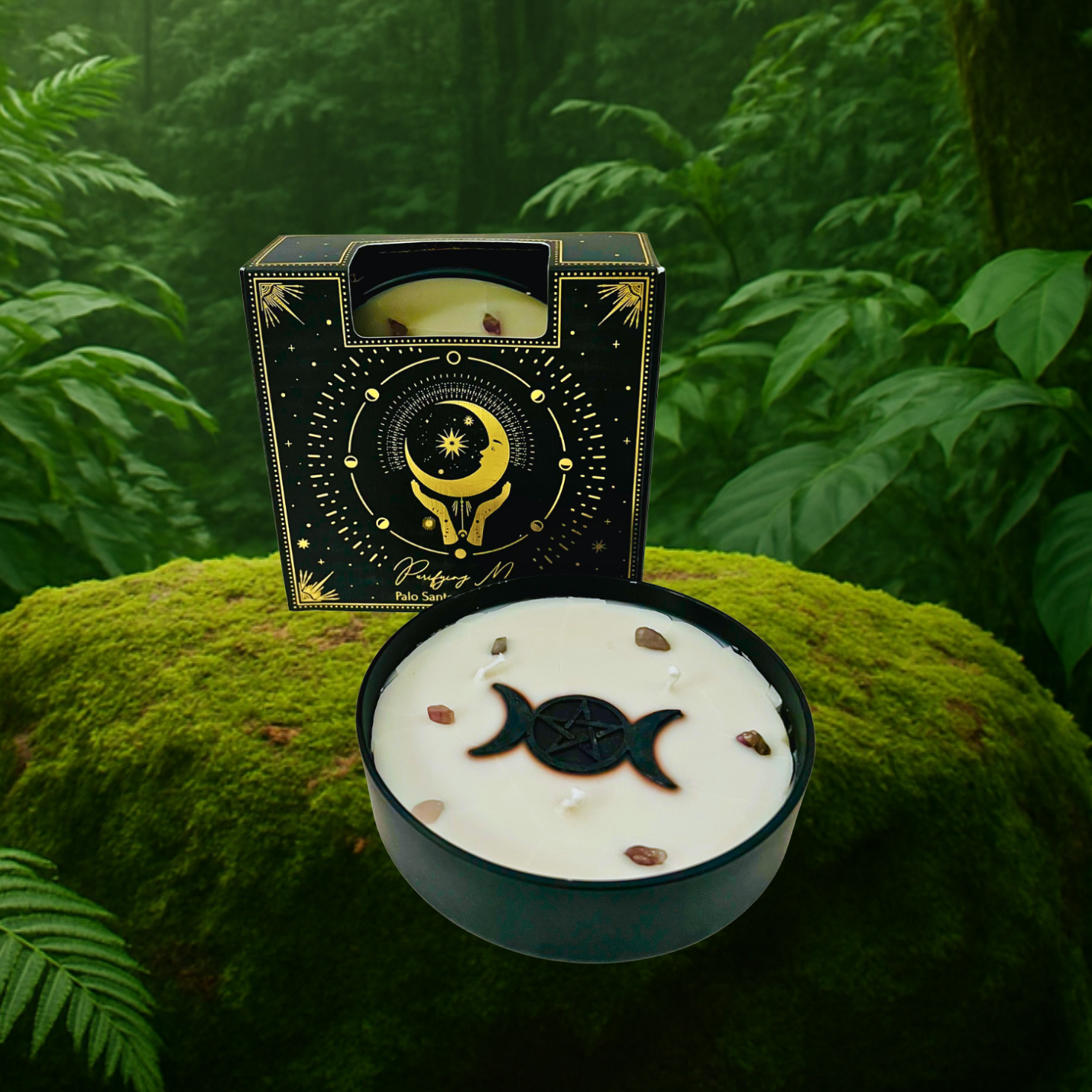 Esoteric Pentagram Candle PURIFYING MOON Palo Santo & Lavender 200g Triple Moon Pentagram